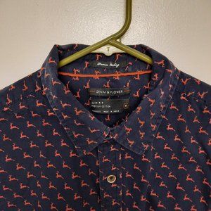 Coral Deer Pattern on Navy Slim Fit Long Sleeve Button Front - DENIM & FLOWER